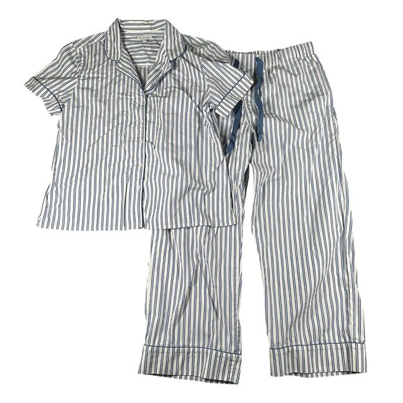 Lake L Poplin Chloe Pajama Set Seaport Shoreline Stripe Blue White 2 Pc Cotton
